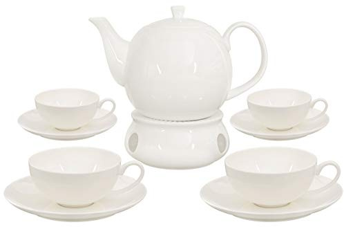 Buchensee Tea set made from fine bone china porcelain. Teapot in fine creamy white with 1.5 litre capacity, 4 tea cups, 4 saucers and warmer.