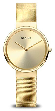 BERING 14531-333 Reloj de cuarzo para mujer con caja de acero inoxidable de 31 mm con acabado dorado y esfera dorada, correa milanesa, cristal de zafiro y resistencia al agua de 5 ATM