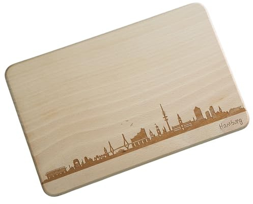 Brotzeitbrett Hamburg Skyline | Frühstücksbrettchen aus Buche | Holz Schneidbrett | Hamburg Souvenir | Frühstücksbrett (Brett XL (35x23x1,5cm), ohne persönlicher Gravur)