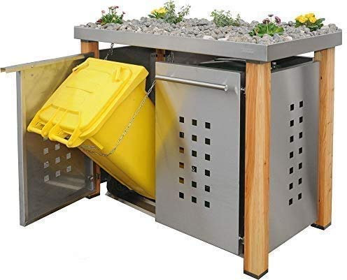 Edelstahl Mülltonnenbox für 2 Tonnen 120L mit Pflanzenwanne und Holzpfosten (HW11T), Mülltonnenhaus Mülltonnenverkleidung