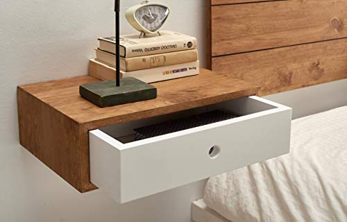 HOGAR24 ES - Pack 2 Mesitas de Noche Flotantes Madera Maciza Natural Acabado Encerado Frente cajón Blanco con 1 Cajón Estilo Nórdico Vintage. Medidas: Ancho: 45 cm x Fondo: 30 cm x Alto: 15 cm.