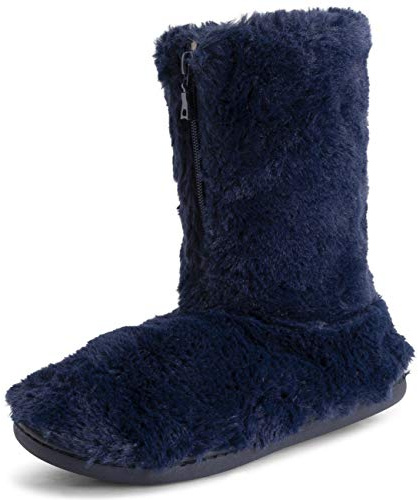 Polar Women’s Faux Fur Indoor Outdoor Boot Slippers - Memory Foam Lined House Shoes with Zip Closure, Plush Warm Lining & Non-Slip Rubber Sole - Cosy Winter Comfort Footwear - Navy - UK7/EU40
