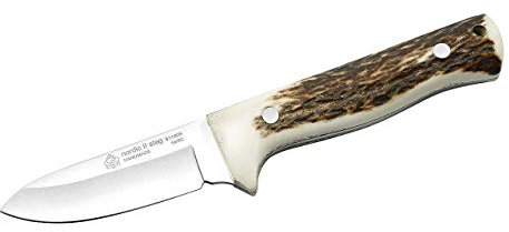 PUMA IP Jagdmesser nordic II stag, Stahl AN.58, Drop Point, Full Tang, Hirschhorn-Griffschalen, braune Lederscheide