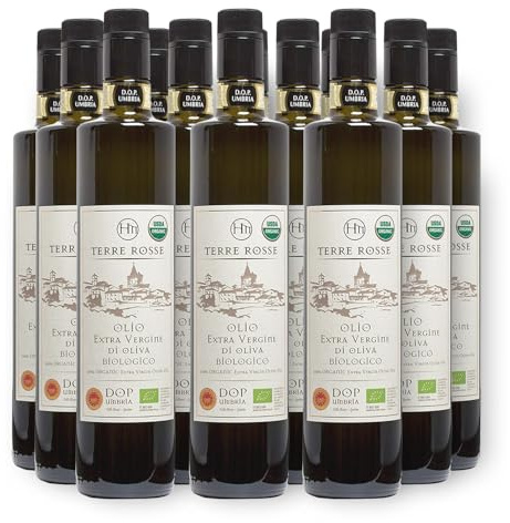 Terre Rosse - Olio Extravergine di Oliva Biologico Spremuto a Freddo - Monocultivar Moraiolo - Certificazioni DOP Umbria Colli Assisi Spoleto e Kosher/P - Campagna Olearia 2024-12 Bottiglie 750 ml