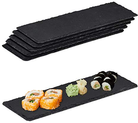 Relaxdays Salvamanteles de pizarra, Platos para servir sushi, Bandejas de servir, 30x10 cm, 6 Uds., Antracita