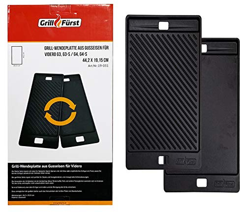 Grillfürst Universal Gusseisenplatte Grill 44,5 x 19,2 cm - massive Gusseisen Grillplatte mit Griffen, Gussplatte beidseitig verwendbar, geeignet für Rösle Videro G3/G3S und G4/G4S (bis 2020)