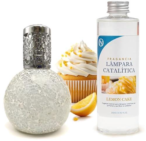 Pack Ahorro Lámpara Catalítica Mosaico Blanco + Fragancia Aroma Lemon Cake 500ml. Elimina malos olores e impurezas, perfuma y limpia.