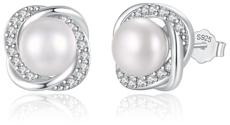 Pearl Earrings for Women Freshwater Cultured Pearl Stud Earrings 925 Sterling Silver Cubic Zirconia Stud Earrings for Mother Her (Silver)