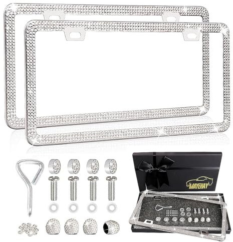MAYEHAY Bling Nummernschildrahmen für Frauen Strass Nummernschildrahmen 2 Pack Edelstahl Weiß Diamant Nummernschildhalter Bedzzled Nummernschildrahmen Sparkly Tag Kennzeichenrahmen für Auto Frauen