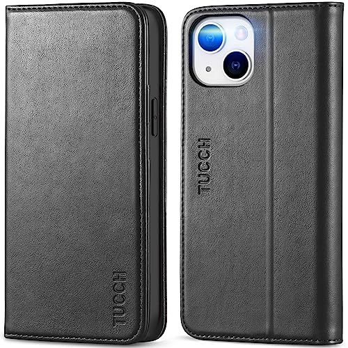 TUCCH Hülle für iPhone 14 5G (6,1 Zoll) 2022 Schutzhülle Schwarz | RFID Blocker, Kartenfach, TPU, Standfunktion, Lederhülle, Klappbar, Stoßfest, Brieftasche kompatibel mit iPhone 14