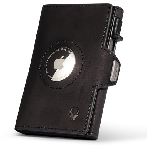 DONBOLSO Mini Geldbörse Geldbeutel Herren | Slim mit münzfach | RFID Schutz | Platz für 10 Karten | Kompaktes Leder Kreditkartenetui | Airtag Fach | Schwarz