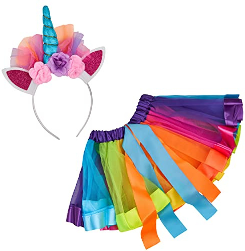 Balinco Prinzessin Einhorn Kostüm Set, Einhorn Haarreif + Regenbogen Tutu Rock, Unicorn Haarband + Tüllrock Bunt, Pride, Cosplay, Karneval, Fasching, Halloween