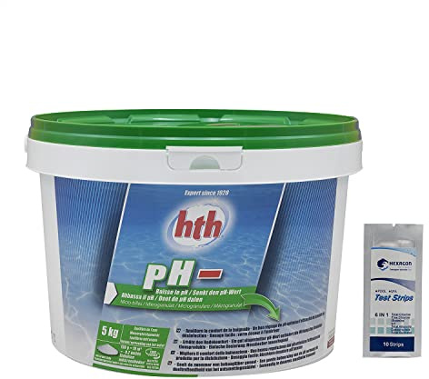 HTH pH Minus Mikrokugeln – 5 kg | fester pH-Korrektor für Pool Alkalinität – Senkt den pH-Wert + 10 HPS-Tests gratis 6-in-1