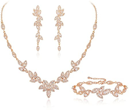 EVER FAITH Cubic Zirkonia Schmuckset für Braut Brautjungfer, Elegante Marquise Blatt Halskette baumeln Ohrringe Armband Set für Damen