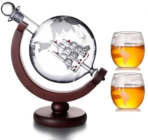 Set di decanter per whisky con bicchieri, caraffa da whisky con 1 decanter e 2 bicchieri, decanter a globo con nave per whisky, scotch, vodka set regalo