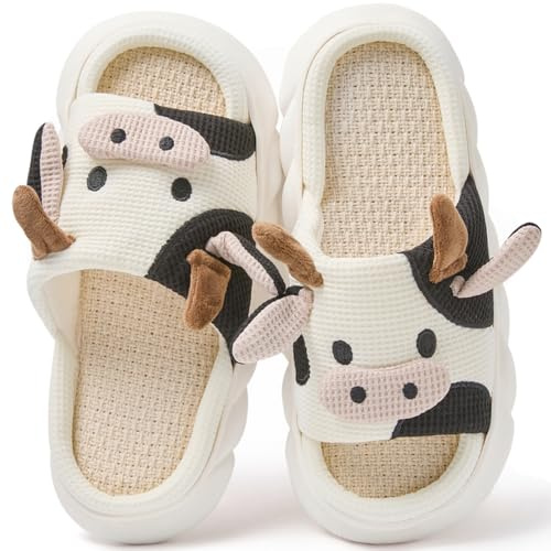 Coswind Pantofole Donna Uomo Invernali Ciabatte di Mucca Caldo with Memory Foam Cartone Animato Sliders Morbido Peluche Interno Esterno Slippers Mucca Lino 270