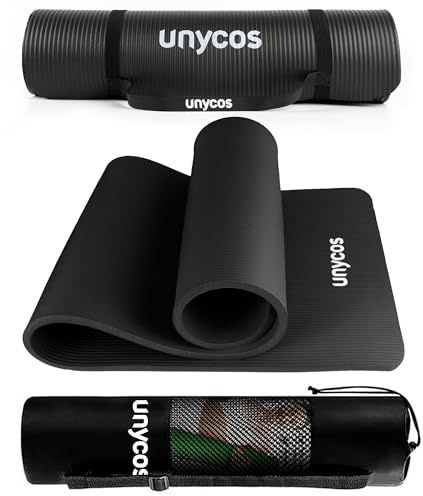 unycos - Esterilla de Deporte, Yoga, Pilates y Fitness, Gruesa (15 mm) Antideslizante【E-Book】Correa y Bolsa de Transporte, Colchoneta NBR para Gimnasio en Casa 183x60 cm | 72,04x23,62 (Negro)