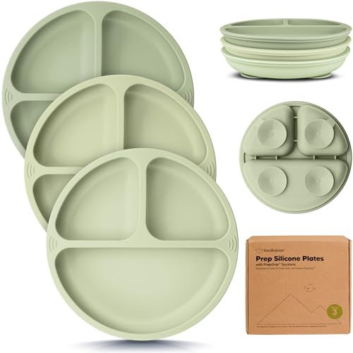 KeaBabies Kinder Teller für Baby, Kleinkind - 3er Pack 100% Silikon Baby Teller mit Saugnapf, Geteilte Kinderteller mit Unterteilung,Rutschfester Silikonplatten,BPA-frei,Mikrowellenfest(Sage)