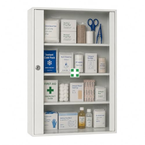 LEOMAR Medizinschrank, Apothekerschrank aus Stahlblech, mit 3 Ablagen, Abschließbar, Hausapotheke inkl. 2 Schlüssel, Medikamentenschrank, Erste-Hilfe-Schrank mit Glastüren 14 x 35 x 52 cm