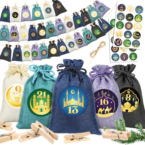 HOWAF Ramadan Kalender zum Befüllen 2026, Ramadan Adventskalender zum Selbstbefüllen mit Adventskalender Tüten, 1-30 Ramazan Kalender Aufkleber, DIY Ramazan Kalender für Eid Ramadan Mubarak Deko