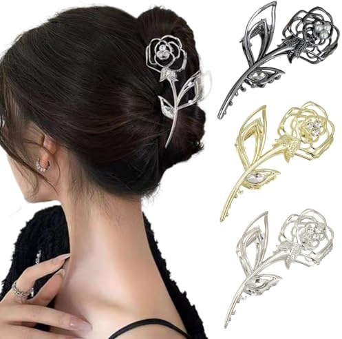 Ypkia 3 Stück Blumen Haarklammer Metall Haarspange Groß Set Haarspangen Damen Rutschfeste Haar Klaue Clip Für Frauen Und Mädchen Dickes Haar-accessoires (Gold, Schwarz, Silber）