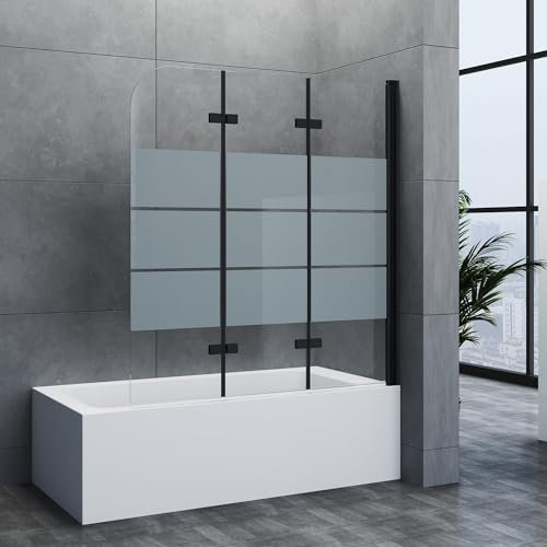 Duschwand für Badewanne 3-teilig 140x140cm Faltbar Schwarz Duschabtrennung, Gestreift Glas Duschtrennwand Badewannenaufsatz aus 6mm ESG Sicherheitsglas, 140cm Schwarz Duschtrennwand