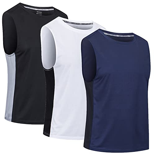 Cimic 3 Piezas Camiseta Tirantes Hombre Sin Mangas y Manga Corta Respirable Ropa Deportiva para Running Gimnasio Gym Fitness (0505-Black White Nave-2XL)