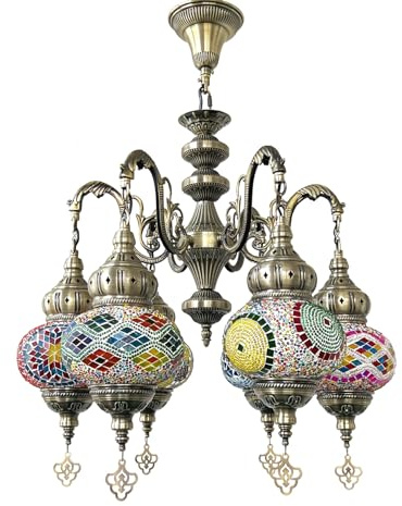 Türkischer Mosaik-Kronleuchter mit 6 Kugeln, Marokkanische böhmische Pendelleuchten Handgefertigte bunte hängende Deckenleuchten aus Glas mit Dekor für Restaurant, Café, Wohnzimmer, Schlafzimmer,A
