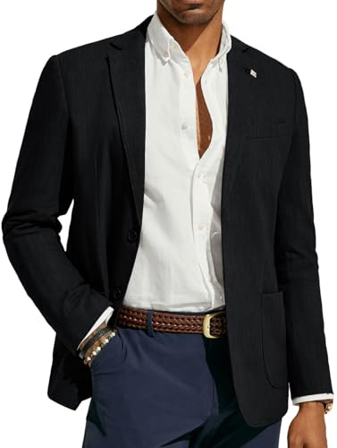PJ PAUL JONES Chaqueta de lino para hombre, blazer moderno de ocio, saco deportivo de corte regular, 2 botones, chaqueta de traje de negocios, Negro , S