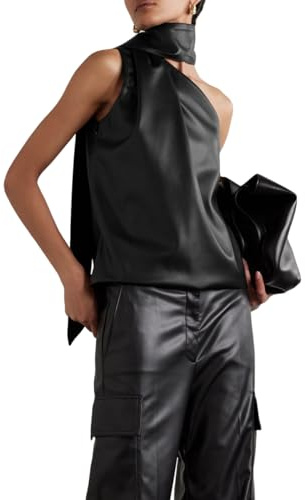 UOOZEE Womens PU Leather Tank Tops One Shoulder Casual Cami Sleeveless Camisole Blouses Summer Basic Tank Shirt, Black XL