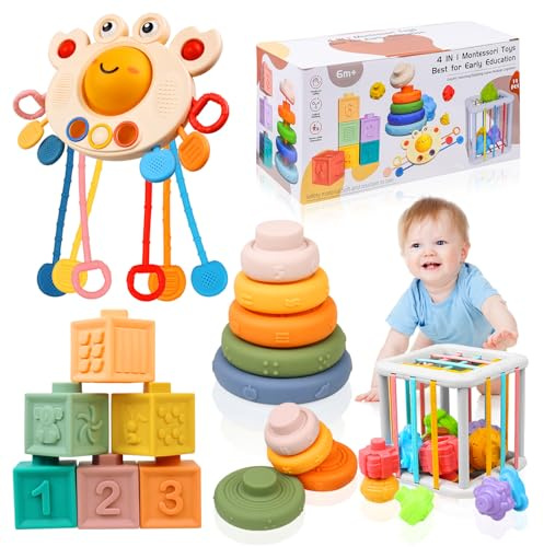 Richday Montessori Spielzeug für 6 Monate,4 in 1 Montessori Sensorischer Korb Beißspielzeug Baby Spielzeug Stapeln Baublöcke Geschenke Baby Sensory Bin Shape Sorter Toys Bunter Würfel