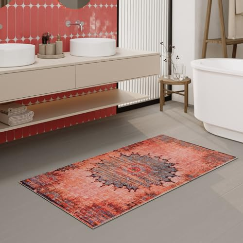 Wecon Home Healing Badteppich, 55 x 65 cm, rot | waschbarer und rutschfester Vintage Badezimmerteppich mit orientalischem Muster, Eleganz und Komfort für jedes Bad