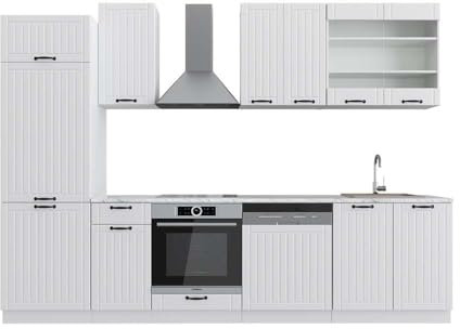 Vicco Küchenzeile Fame-Line, Küchenblock, Weiß Landhaus/Weiß, 300 cm, AP Marmor