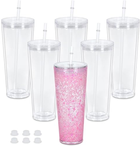 Maucircol 24 Oz Acrylic Snowglobe Tumbler, 6 Pack Pre-Drilled Double Wall Acrylic Clear Cup For Glitter Snow Globe Diy, Double Wall Snowglobe Cup