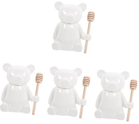 Amosfun 4 Sets Ceramic Honey Storage Jar Wooden Dipper Bear Shape Honey Pot for Kitchen for Food Storage and Serving Jam