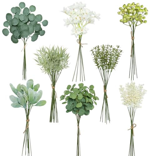 ASTNIC 75 Stück Künstliche Zweige & Kunstblumen, Weiß Kunstblumen Grün Eukalyptus Künstlich Dekozweige, DIY Künstlicher Blumenstrauß für Hochzeit Tischdekoration Brautstrauß Blumenarrangement