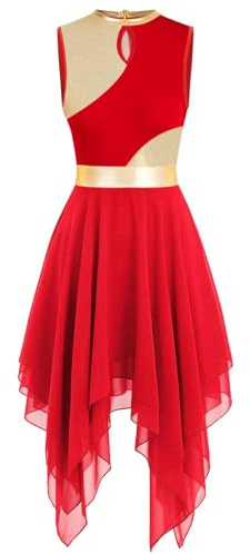 yrsZX Women's Praise Dance Tunic Metallic Color Block Sleeveless Liturgical Dancewear Irregular Hem Lyrical Dance Dress Tag S, Red