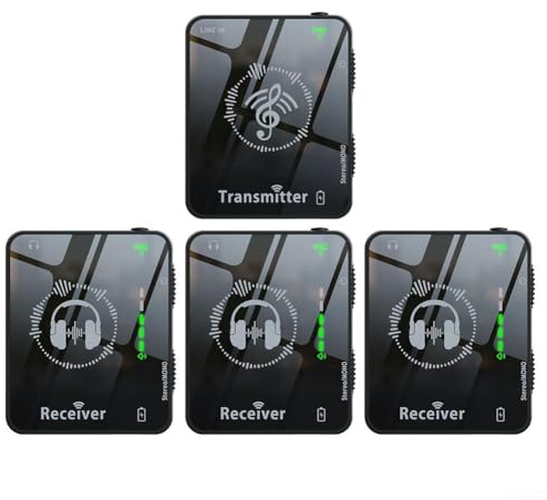 Hasaller 2,4 GHz kabelloses Kopfhörer-Monitorsystem, kabelloser Kopfhörer-Monitor, wiederaufladbarer Sender, Empfänger, Lautstärketaste, Schwarz (1 Tran 3 Empfänger)