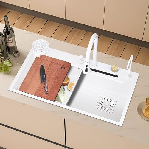 Évier de Cuisine Cascade Multifonctionne Evier Cuisine 1 Bac 68 x 45 cm, Robinetterie Extractible Rinceuse en Verre Evier à Poser avec Trous pour Robinets et Distributeurs de Savon, Blanc