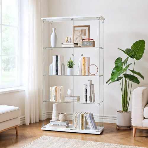 BPKADHY Vitrina de vidrio, vitrina de pie con vidrio y cerradura, vitrina con vidrio y 2 puertas, 4 compartimentos para coleccionables, libros, modelos, juguetes (2 puertas, 4 plantas, blanco)