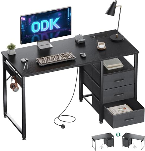 ODK Computer Desk with Drawers, 120cm Office Desk with Sockets, Black