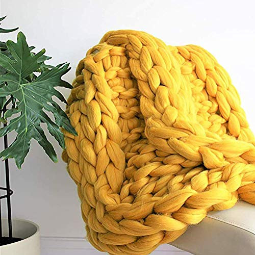 Handgefertigte grob gestrickte gelbe Wolldecke groß 150 x 200 cm für Sofa Yoga und Teppich
