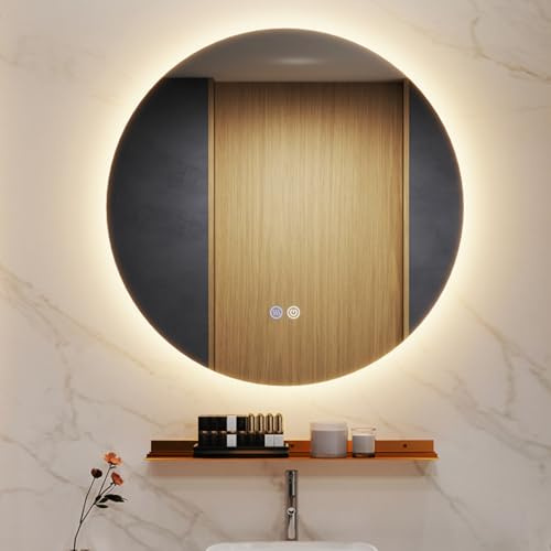 RELAX4LIFE Badspiegel mit Ablage, LED Badspiegel Rund 60 cm, Rahmenloser Badezimmerspiegel mit Beleuchtung, Wandspiegel mit Touch-Schalter, Anti-Beschlag, Dimmbar 3 Lichtfarben, Speicherfunktion