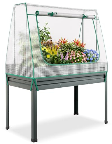 HOMASIS 3 in 1 Hochbeet mit Gewächshaus & Spalier, Pflanzkübel mit Rankgitter, Pflanzkasten aus Metall mit PE-Abdeckung, Frühbeet mit Rolltür & Fenster, Blumenkasten für Garten Balkon, 115x60x150cm
