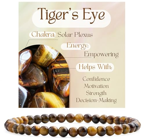 Bivei Ojo de Tigre - Potenciador Pulsera de Cristal para Mujeres 4mm Cuentas Piedra Semipreciosa Natural Elástica Extensible Joyería Regalo Yoga