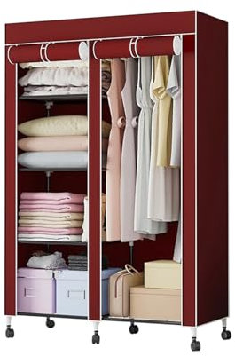 Mobiler Kleiderschrank auf Rollen Große Kapazität Kleiderschrank Organizer Hängend Starke Tragfähigkeit für Schlafzimmer, Wohnungen und Kleine Räume(Red)