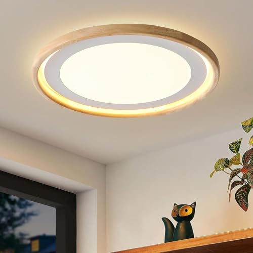zenlavia Deckenlampe Holz, Led Deckenleuchte Flach, 24W, 2400lm, Warmweiß 3000K, Rund, 30cm für Schlafzimmer/flur/Küche/Wohnzimmer