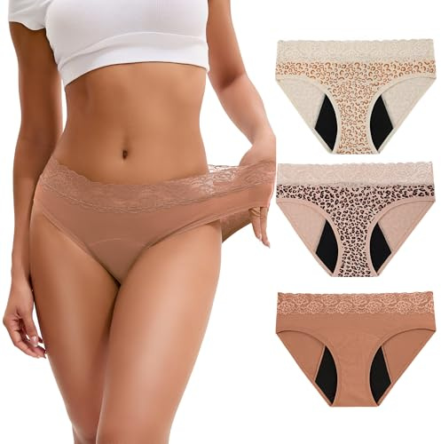 INNERSY Period Underwear for Women Cotton Lace Leakproof Menstrual Hipster Panties Bikini Briefs 3-Pack(Medium,Leopard Coffee)