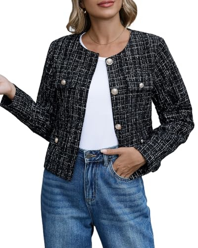 YEXPINE Cropped Plaid Tweed Blazer Jackets for Women Elegant Slim Collarless Business Casual Outfits