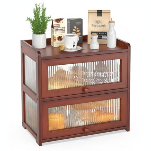 BAMBANG Panera de bambú extragrande para encimera de cocina, contenedor de almacenamiento de pan de doble capa, caja de pan de granja con transparencia de 4 lados, soporte para panera para pan casero